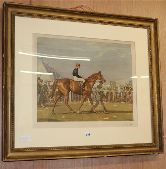After Alfred.J. Munnings, colour print, racing scene, signed in pencil, 44 x 55cm.